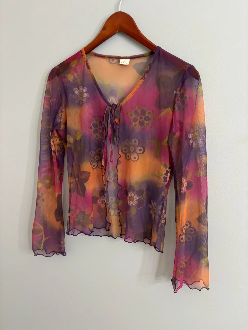 Y2K Sheer Mesh Watercolor Floral Tie Front Cardigan Top S